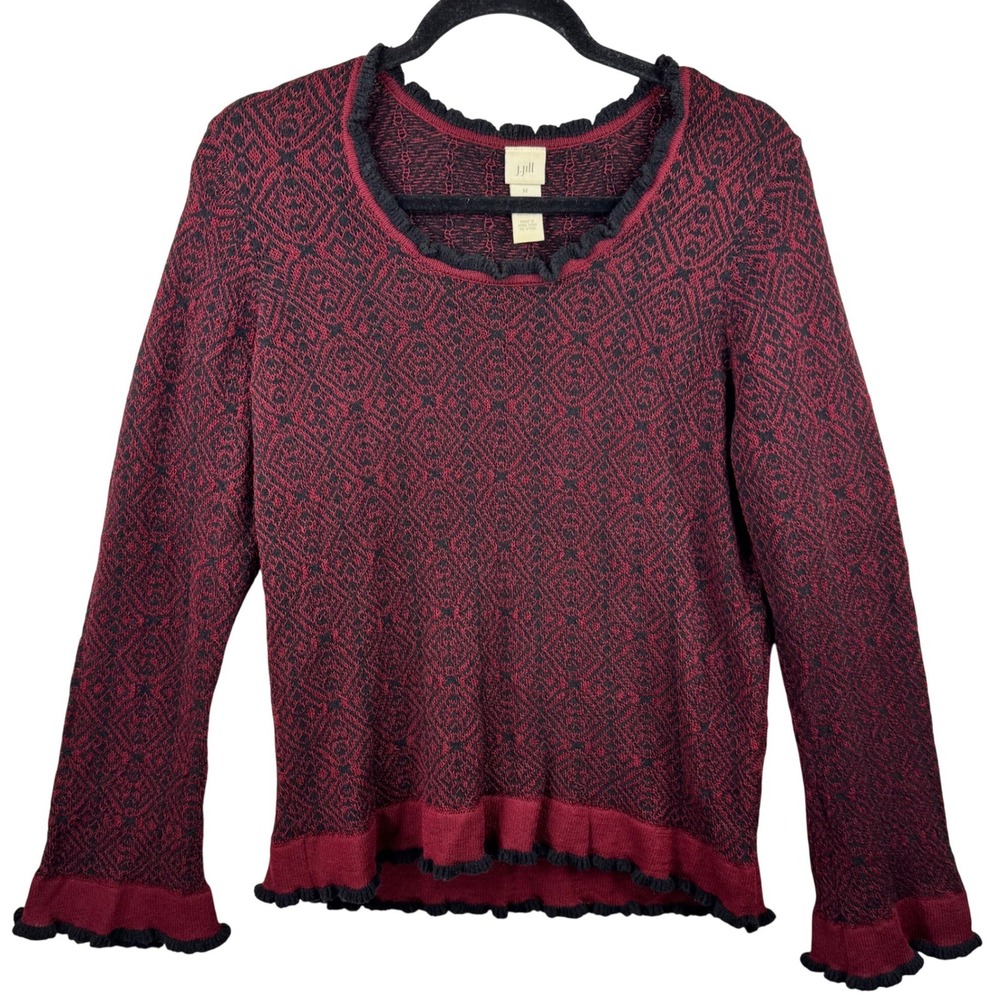 J. Jill Sweater Womens‎ Medium Burgundy Black Geometric Ruffle Trim Bell Sleeve